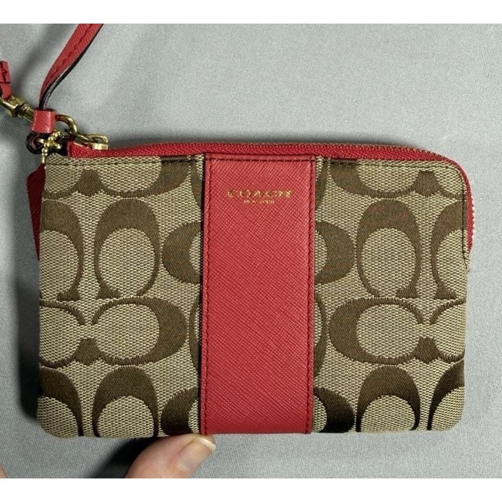 Coach Signature Small Wristlet Purse Khaki and Loganberry Pink